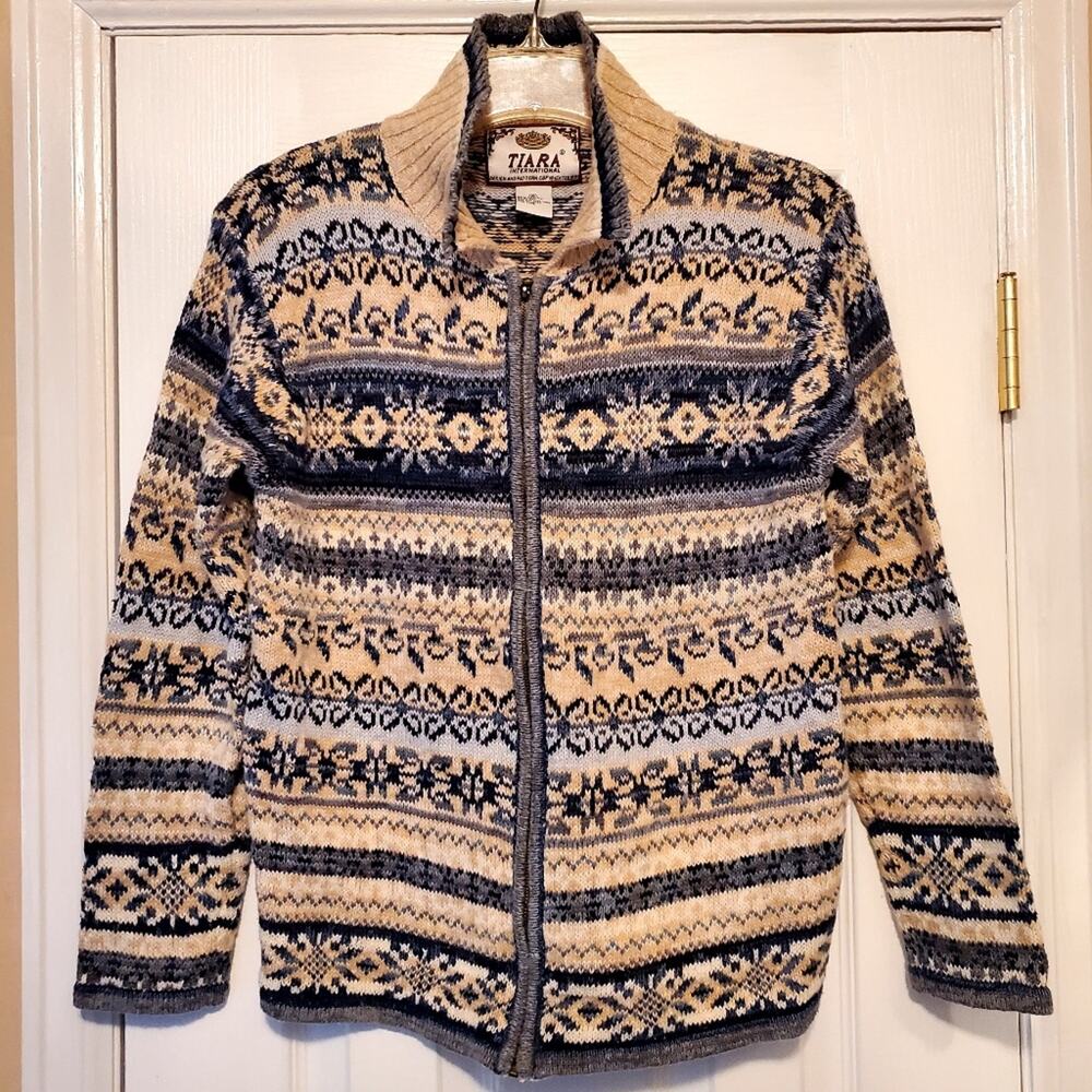 Sz Sm Vintage TIARA INTERNATIONAL Blue&Cream Full Zip Up Cotton/Ramie Sweater